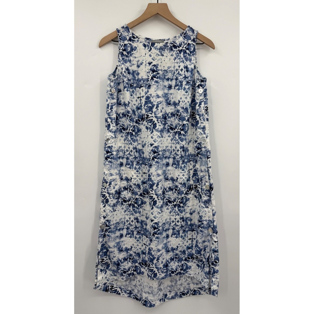 Habitat Dress Womens XS Blue White Tie Dye Linen Cotton Sleeveless Side Button